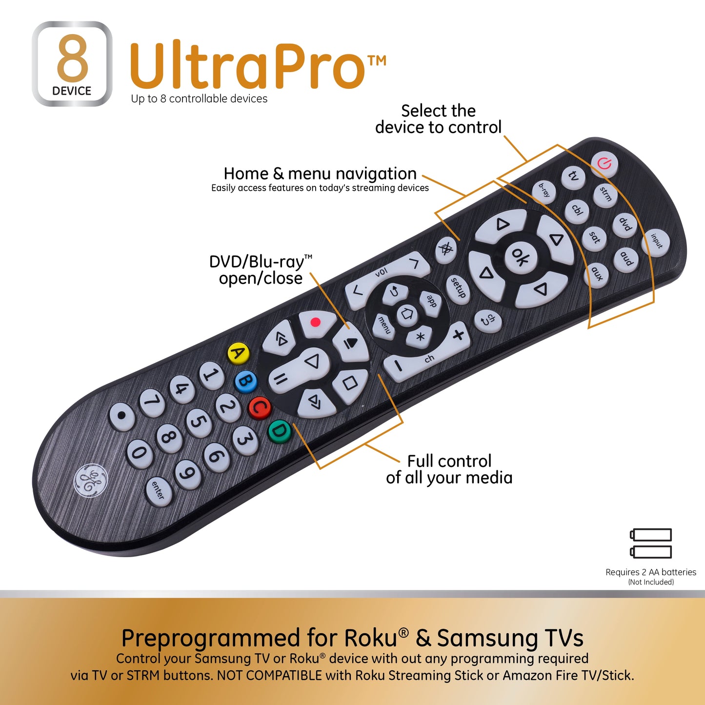 8-Device Backlit Universal TV Remote Control in Black, 41567
